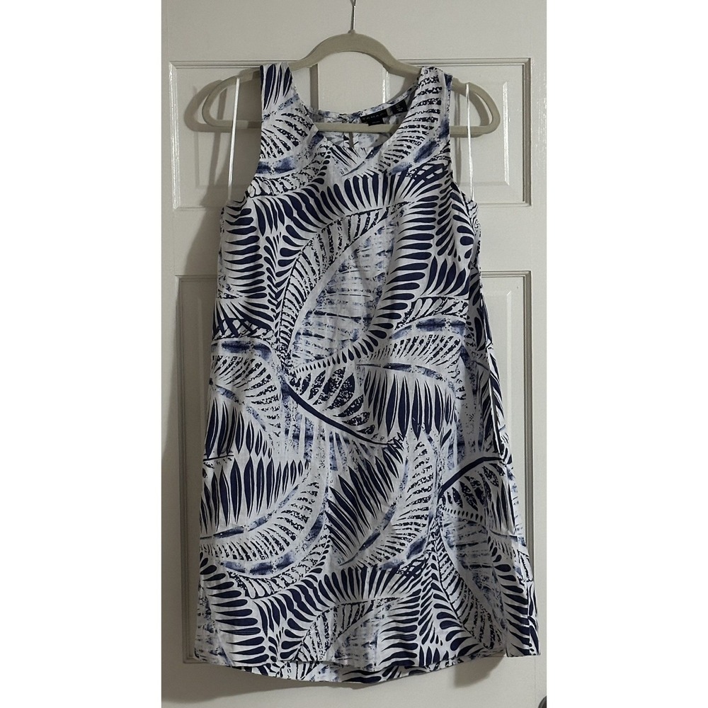 Tahari Linen Dress, Blue Cream Tropical Pattern Size Large